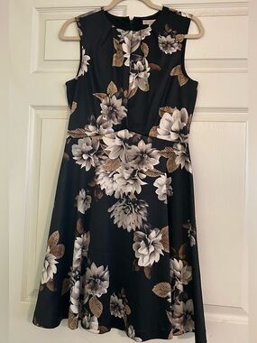 Dress Barn Black Sleeveless Midi Dress with White and Brown Floral Print